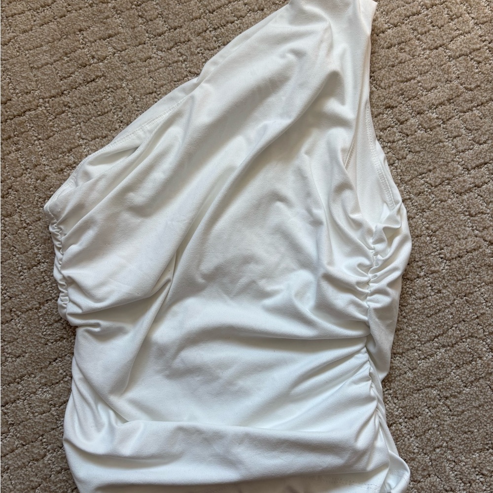 Cream Asymmetrical Ruched One-Shoulder Top - Picture 2 of 3